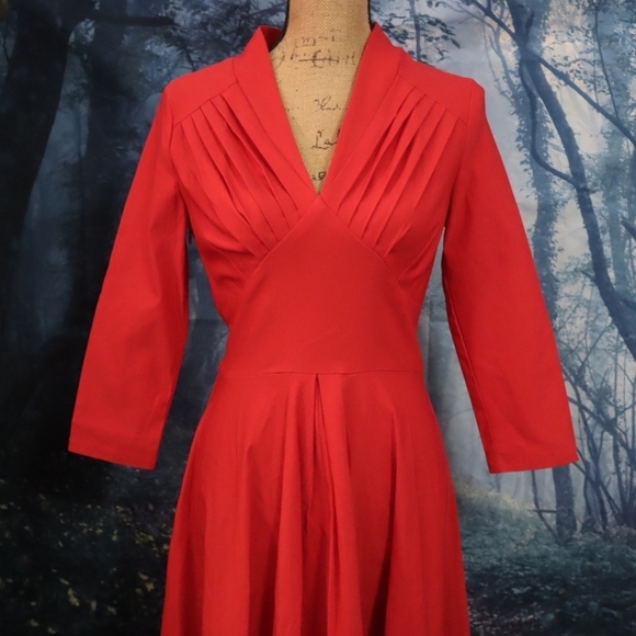 PIN UP DRESS M Red Retro Pin-up Rockabilly Long-sleeved V-neck Dance Matte 60s - Picture 7 of 14